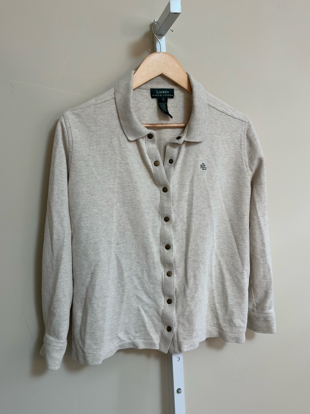 Lauren Ralph Lauren Size S Cream Waffle Knit Snap Front Polo Sweater